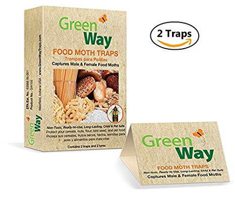 GreenWay Food Moth Trap - Contains 2 traps and lures per box | Pheromone Attractant, Ready To Use | Safe, Non-Toxic with No Insecticides or Odor, Eco Friendly, Kid and Pet Safe