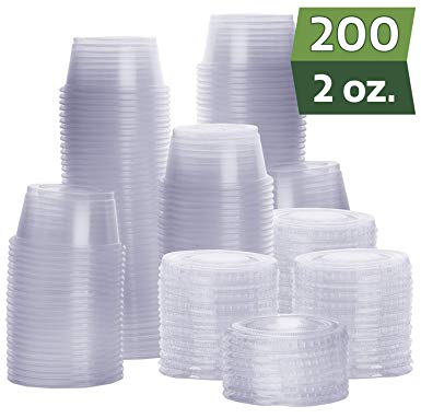 Party Essentials Squeezable Plastic 2 oz Jello Shot Glasses/Portion Souffle Cups/Condiment Sauce Containers with Lids, Clear, 200 Sets