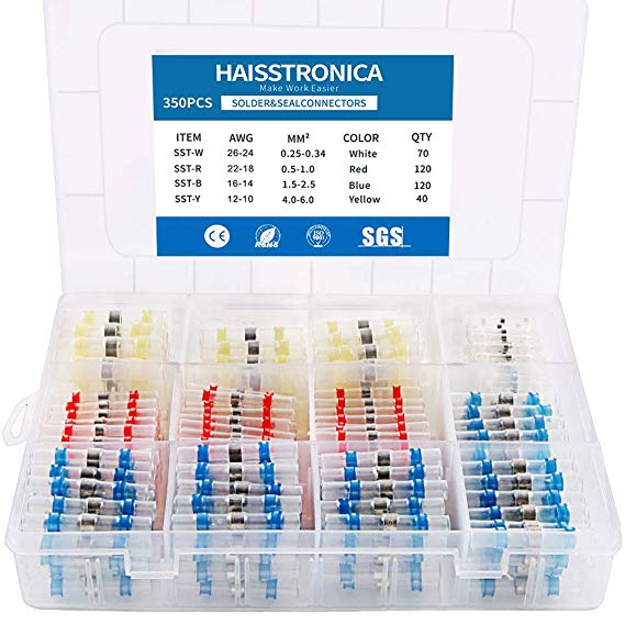 350PCS Solder Seal Wire Connectors Heat Shrink Solder Seal Butt connectors by Haisstronica with Case(40Yellow 70White 120Red 120Blue Butt connectors)
