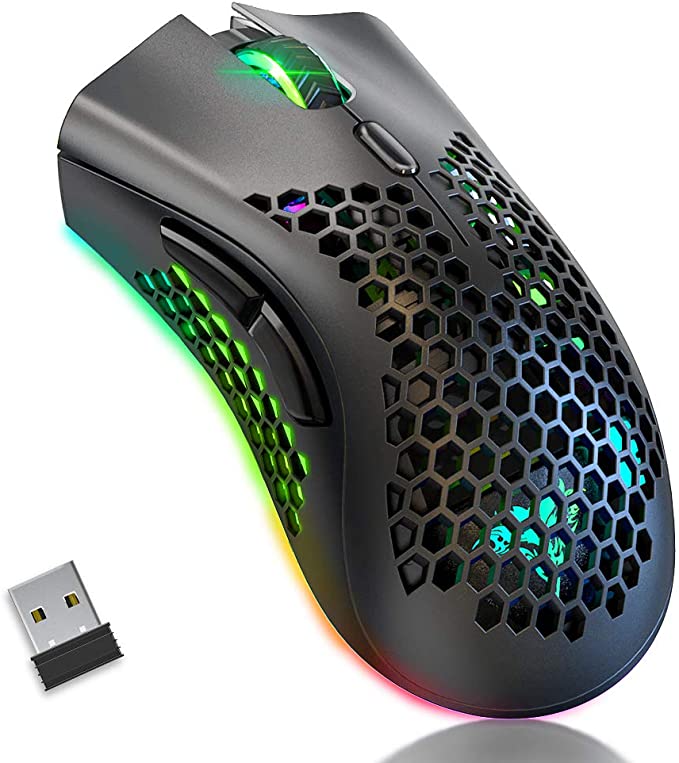 BENGOO KM-1 Wireless Gaming Mouse, Computer Mouse with Honeycomb Shell, 6 Programmed Buttons, 3 Adjustable DPI, Silent Click, USB Receiver, Ergonomic RGB Optical Gamer Mice Mouse for Laptop PC