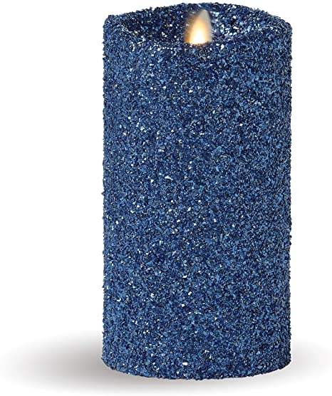 Luminara Flameless Pillar Candle (Blue Glitter, 7-Inch Tall); LED Battery-Operated Candle with Remote, Great for Christmas and Holidays