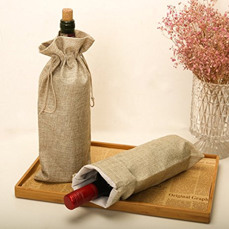 HRX Package Burlap Wine Bags with Drawstring, 13.4" x 5.9" (Pack of 10)