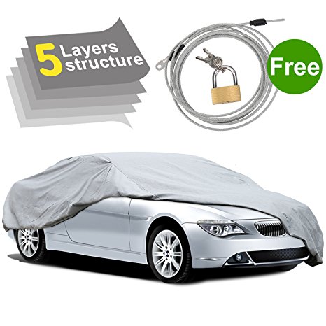 5 Layers Car Cover Waterproof All Weather for Sedan Automobiles, Indoor Outdoor Cover for Ice and Snow, Rain, Dust, Sun UV Prevention with Windproof Ribbon & Anti-theft Lock