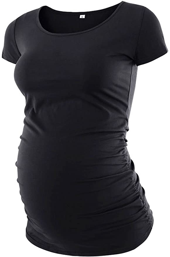 Love2Mi Womens Mama Maternity Tunic Tops Side Ruched T-Shirt Short Sleeve Fitted Pregnancy Clothes