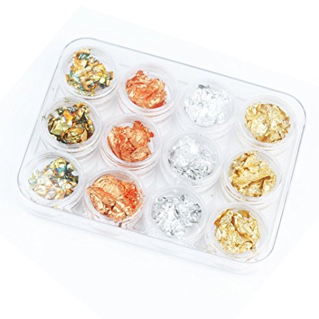 TOOGOO(R) 12 Box Gold Silver Copper Rainbow Foil Paillette Chip Nail Art Design Decoration