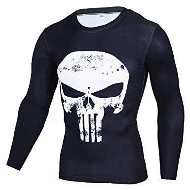 1Bests Men Sports Fitness Printing Skull Short and Long Sleeve Elastic Compression T-Shirts