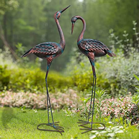 aboxoo Garden Crane Statue Decor,Large Patina Heron Decoy and Standing Metal Sculptures Metal Outdoor Yard Art Statue for Lawn Patio Backyard Decoration, Set of 2