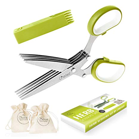 Herb Scissors Set by Chefast - Multipurpose Cutting Shears with 5 Stainless Steel Blades, 2 Jute Pouches, and Safety Cover with Cleaning Comb - Cutter/Chopper/Mincer for Herbs - Kitchen Gadget