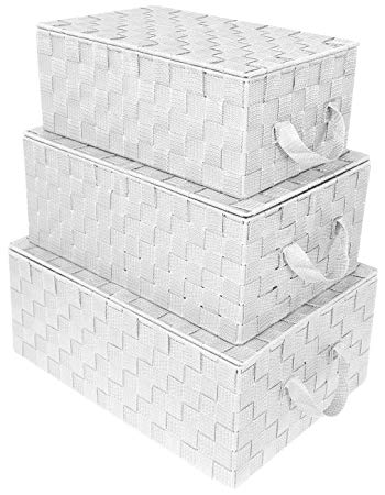 Sorbus Storage Box Woven Basket Bin Container Tote Cube Organizer Set Stackable Storage Basket Woven Strap Shelf Organizer Built-in Carry Handles (Woven Lid Baskets - White)