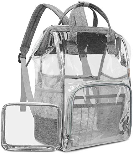 LOKASS Clear Backpack Transparent PVC Multi-Pockets School Backpacks/Outdoor Backpack Fit 15.6 Inch Laptop Safety Travel Rucksack with Grey Trim-Adjustable Straps & Mesh Side(Grey)