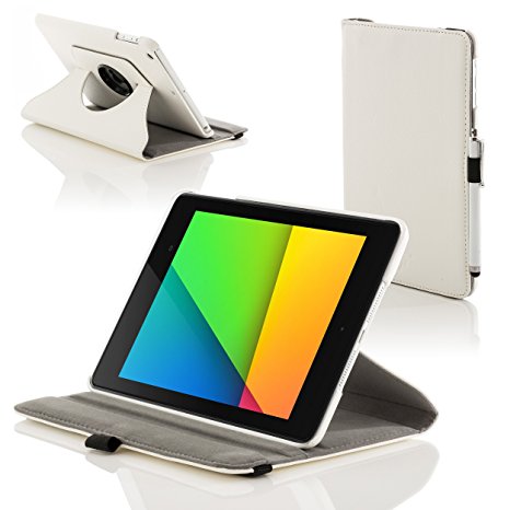 ForeFront Cases® New Google Nexus 7 FHD Rotating Leather Case Cover / Stand For Google Nexus 7 FHD Tablet (7-Inch, 16GB, Black) by ASUS (2013) with Magnetic Auto Sleep Wake Function - WHITE