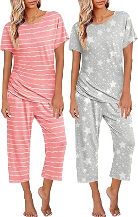 Ekouaer 2 Pack: Womens Pajamas Short Sleeve Sleepwear Tops and Capri Pants Pjs Print Pajama Sets