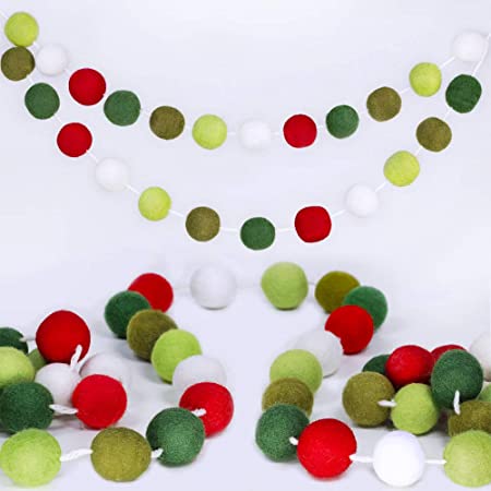 Supla 50 Pcs 8.2' Long Christmas Felt Balls Pom Pom Garland Holiday Felt Ball Garland Strand Red White Green Wool Ball Garland for Christmas Tree Mantel Wall Baby Room Nursery Party Vintage Décor