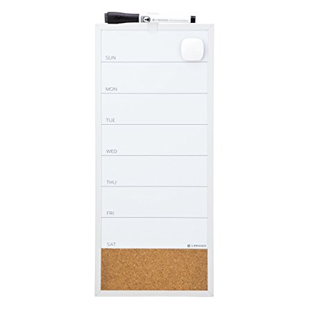 U Brands Magnetic Dry Erase/Cork Weekly Vertical Calendar Board, 16 x 7 Inches, Silver Aluminum Frame