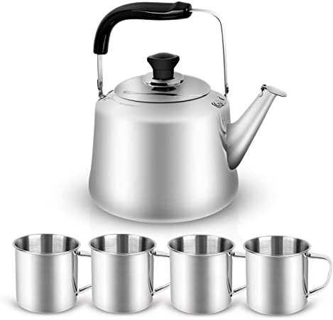 Odoland Tea Kettle Stovetop Teapot, 3 Liter Stainless Steel Hot Water Kettle Whistling, Folding Handle, Camping Kettle Set for Hiking, Backpacking, Camping and Picnic, Fit for Fire, Induction Cooker