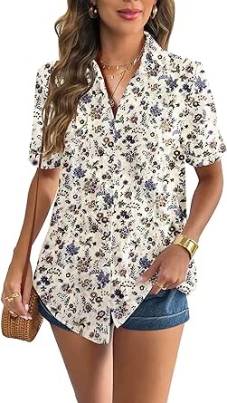 Zeagoo Women Linen Button Down Shirt Rolled Cuffed Short Sleeve Blouse Ladies Summer Casual V Neck Beach Cotton Tops