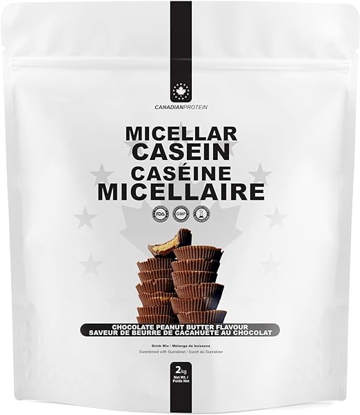 Canadian Protein Micellar Casein 25.5g of Protein | 2 kg of Chocolate Peanut Butter Flavoured Overnight Muscle Recovery Drink | Slow Absorbing Protein Powder with Muscle Building Amino Acids