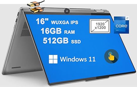 Yoga 7i 16 2-in-1 Laptop 16" WUXGA IPS Touchscreen Low Blue Light 13th Gen Intel 10-Core i7-1355U 16GB RAM 512GB SSD Fingerprint Backlit Thunderbolt4 HDMI Win11 Gray   HDMI Cable