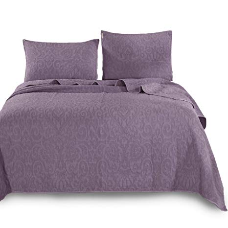 KASENTEX Ultra Soft Stone-Washed Quilt Set 100% Cotton Contemporary Stitched Floral Design Bedspread Lightweight Comforter Coverlet Bedding w/Pillow Cover Shams, QUEEN90X88+20X26 X2, Purple-B