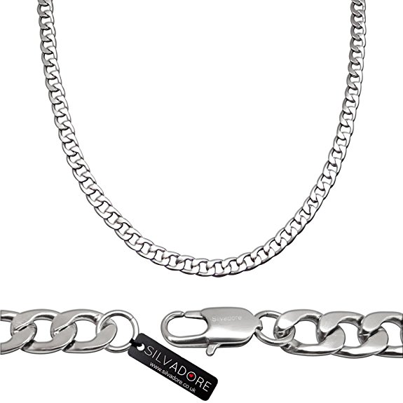 Silvadore - 9mm FLAT CURB Cuban Necklace OR Bracelet Chain - Men's Silver Stainless Steel Jewellery - 7.5" to 24" Lengths - 60 Days Money Back Guarantee