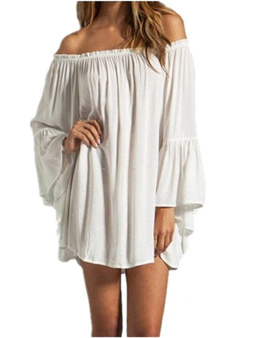 ZANZEA Women's Sexy Off Shoulder Chiffon Boho Ruffle Sleeve Blouse Mini Dress