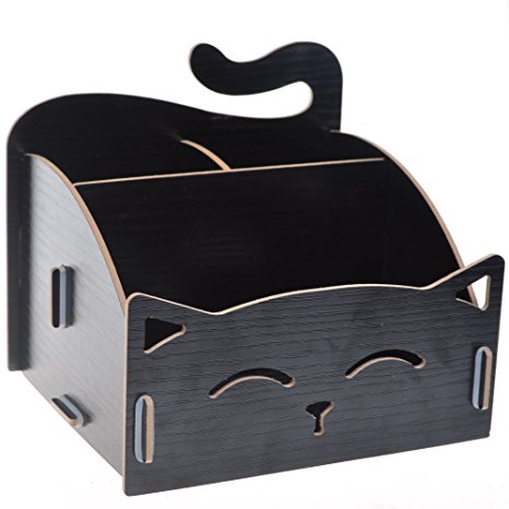 BCP Wood DIY Assemble Cute Cat Pen Holder Desk Organizer for Home, Office (Black Color)