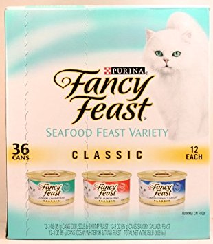 Purina Fancy Feast Seafood Feast Variety Classic 36 cans - 3 oz each (12 Cod, Sole & Shrimp feast/ 12 Savory Salmon Feast/ 12 Ocean Whitefish & Tuna feast)