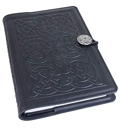Genuine Leather Refillable Journal Cover with a Hardbound Blank Insert, 6x9 Inches, Bold Celtic, Black with a Pewter Button, Made in The USA by Oberon Design