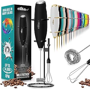 ElitaPro Powerful Milk Frother Wand - 2 in 1 Handheld Coffee Frother and Egg Beater - Mini Foam Maker With Stand - Whisk Drink Mixer & Foamer for Coffee, Latte, Matcha, Hot Chocolate (Black)