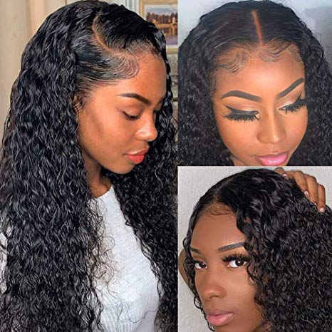 Hermosa Curly Lace Front Wigs Human Hair Pre Plucked Bleached Knots 13x6 150% Density 9A Brazilian Human Hair Wigs for Black Women with Baby Hair Natural Color(18 inch)