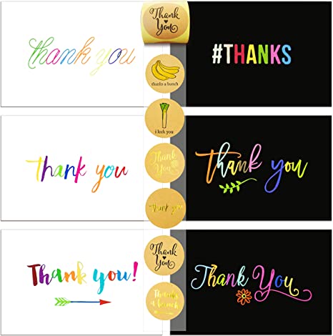 72 Thank You Card and Envelope Sets with 84 Envelope Sealer Stickers Assortment, Flat Notes Greeting Cards, Blank Card, 12 Designs, 4 x 6 Inches (36 Black and 36 White)