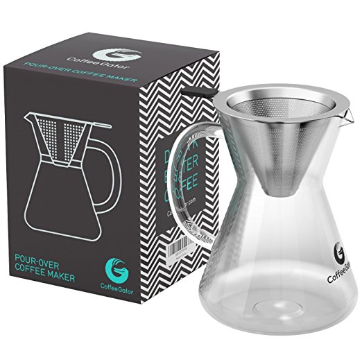 Pour Over Coffee Maker Set | 3-Cups (14oz/400ml) of Perfect Hand Drip Coffee | Tough Borosilicate Glass Carafe | Reusable Paperless Stainless Steel Mesh Filter