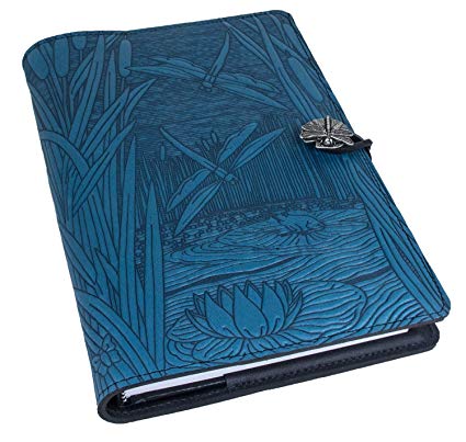 Genuine Leather Refillable Journal Cover   Hardbound Blank Insert - 6x9 Inches - Dragonfly Pond, Sky Blue With Pewter Button - Made in the USA by Oberon Design