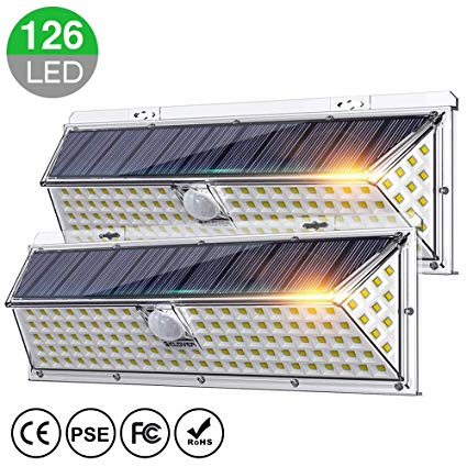 Solar Lights Outdoor, IC ICLOVER Super Bright 126 LED Waterproof Solar Motion Sensor Lights, 270° Wide Angle Lighting, Auto ON/OFF with 3 Optional Modes for Garden,Patio,Yard,Fence,Garage,Porch-2 Pack