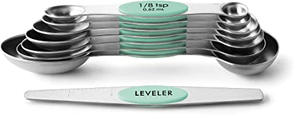 Spring Chef Magnetic Measuring Spoons Set, Dual Sided, Stainless Steel, Fits in Spice Jars, Mint, Set of 8