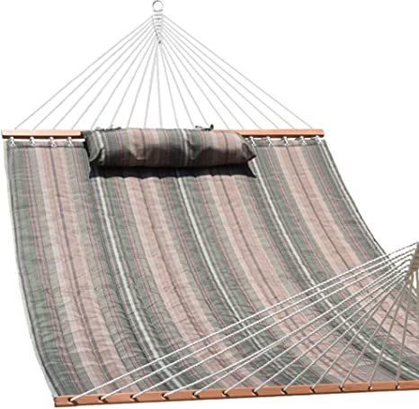 Lazy Daze Hammocks 55" Double Size Quilted Fabric Hammock with Hardwood Spreader Bar and Poly Head Pillow Stylish for Two Person, Brown and Green Stripe