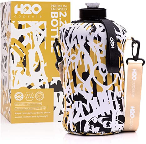 H2O Capsule 2.2L Half Gallon Water Bottle with Insulated Storage Sleeve – Tritan BPA Free Large Water Bottle/2.2 Liter (74 Ounce) Big Sports Bottle Jug with Handle (Urban Sketch)