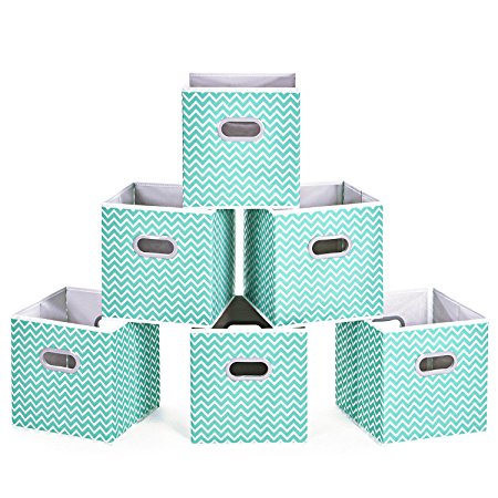 Fabric Storage Bins, MaidMAX Set of 6 Collapsible Cloth Storage Cubes Organizers Drawers Containers with Dual Plastic Handles for Home Office Nursery Organization, Aqua Chevron