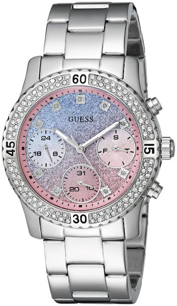 GUESS Women's U0774L1 Silver-Tone Watch with Blue and Pink Glitter Multi-Function Dial