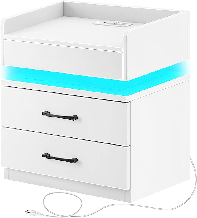 Rolanstar Nightstand -Tool Free Quick Install, End Table with Charging Station and LED Lights, Modern Bed Side Table with 2 Drawers, for Bedroom, White