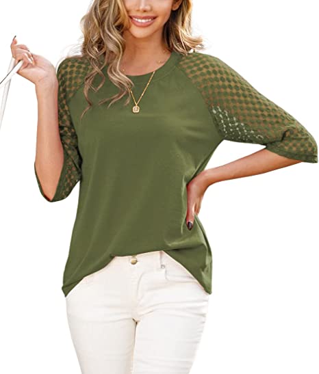 JINKESI Women's Summer Round Neck 3/4 Sleeve Blouse Casual Lace Tops T Shirts