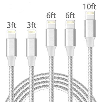 Yaochuang Phone Cables 5 Pack 3FT 3FT 6FT 6FT 10FT to USB Syncing and Charging Cable Data Nylon Braided Cord Charger Compatible Phone X/8Plus/8/7/7 Plus/6/6Plus/6s/6s Plus/5/5s/5c (Silver White)