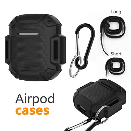 AirPods Charging Case Waterproof Protective Shock Resistant Silicone Cover Sports Design with Hard Sleeve and Keychain for Apple Airpods(Black)