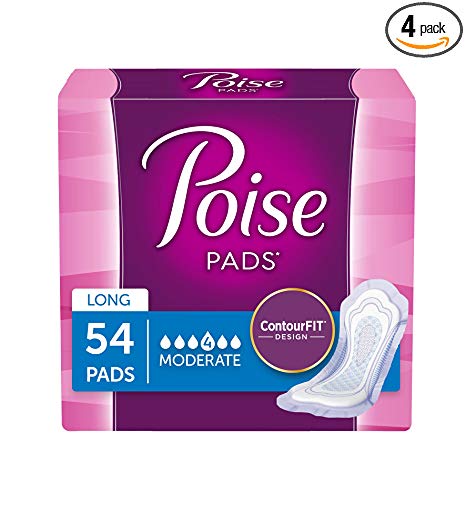 Poise Incontinence Pads, Moderate Absorbency, Long, 54 Count (Pack of 4)