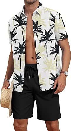 YTD Men's 2 Piece Outfits Tropical Print Short Sleeve Button Down Hawaiian Shirt and Beach Shorts Set