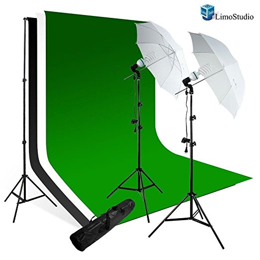 LimoStudio Photography Studio Photo Video Lighting Kit 400W Photo Umbrella Light Kit - 3 Colors Background ChromaKey Green/Black/White Screen Portrait Kit, AGG114V2