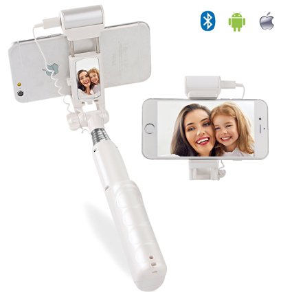 MOCREO Selfie Stick, Bluetooth Selfie Stick with 360 Degree Led Fill Light and Rear Mirror (White)