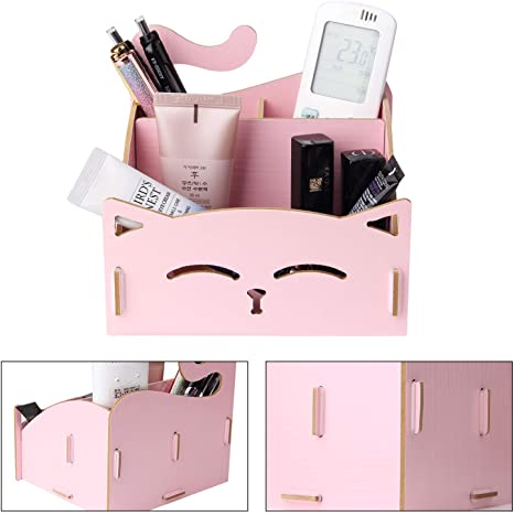 DIY Wooden Assemble Cute Cat Pen Pencil Holder .Cosmetic Holder Desk Organizer for Home, Office (Pink)