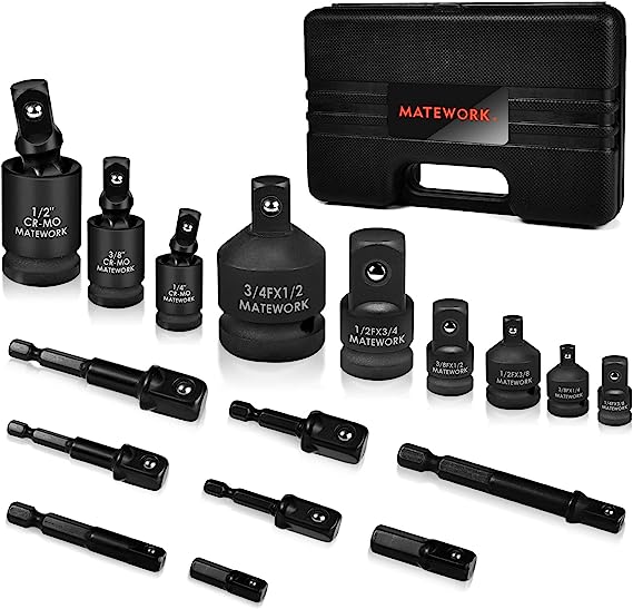 MATEWORK Socket Adapter Set and Reducer 17 Piece, Impact Driver Conversions kit, Universal Joint Socket Set, Drill Adapter 1/4" 3/8" 1/2"