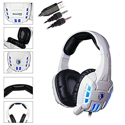 Sades SA718 3.5mm Stereo Gaming Headband Headset Over-Ear With MIC LED Headphone For PC White